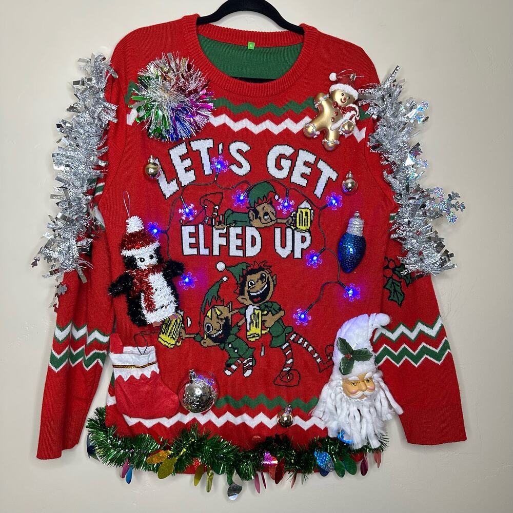 Ugly Christmas Sweater Naughty Get Elfed Up LIGHTS UP Tinsel Party Winner XL
